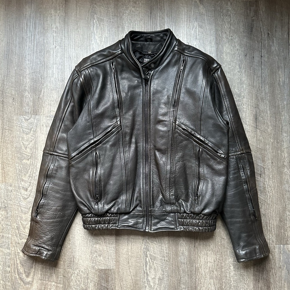 Vtg Raider Leather Motorcycle Jacket Size 44‎ Thinsulate Black Distressed Faded